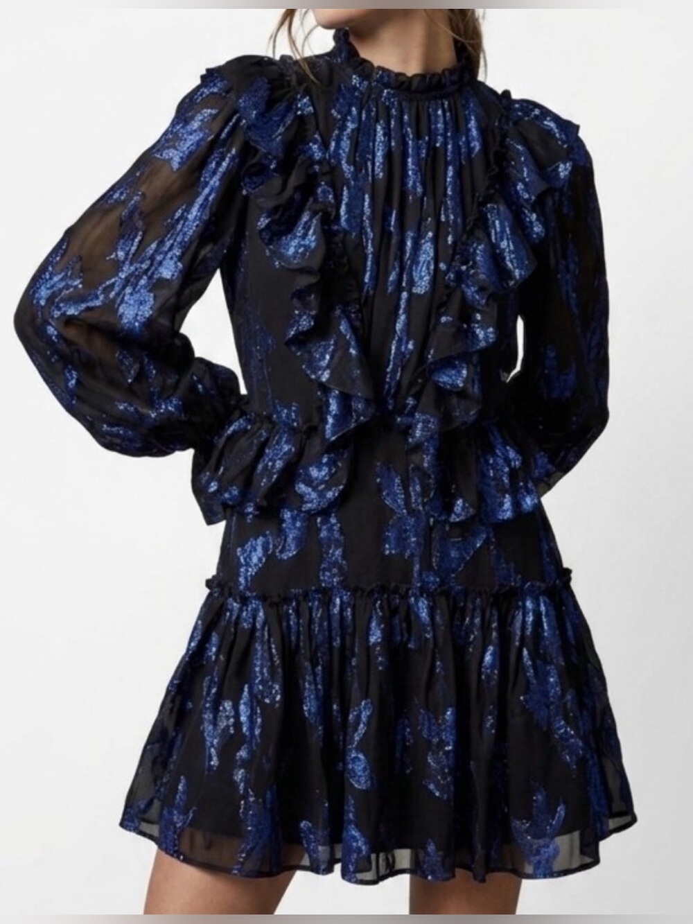 Parker Black Dress with Metallic Blue Floral Ruffle Accents